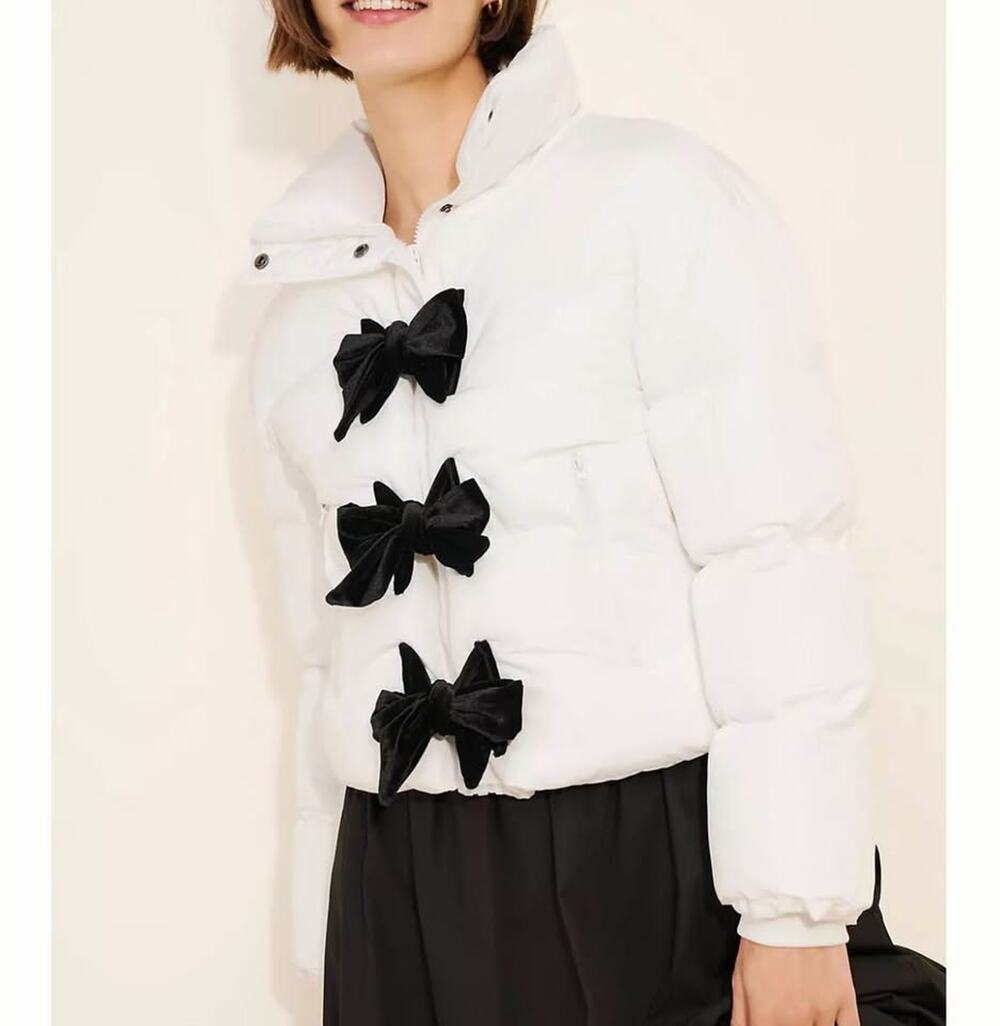 Dot & Lu White Puffer Jacket with Black Velvet Bows Sz s